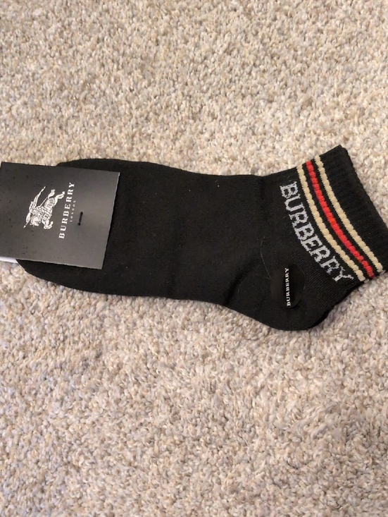 Burberry Accessories - Burberry Black Ankle Socks with Red and Cream Stripe Detail